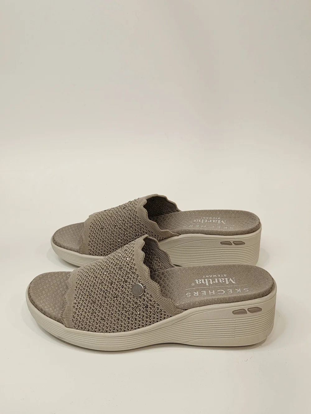 Skechers Women's Taupe Knit Slip-On Wedge Sandals With Rinestones